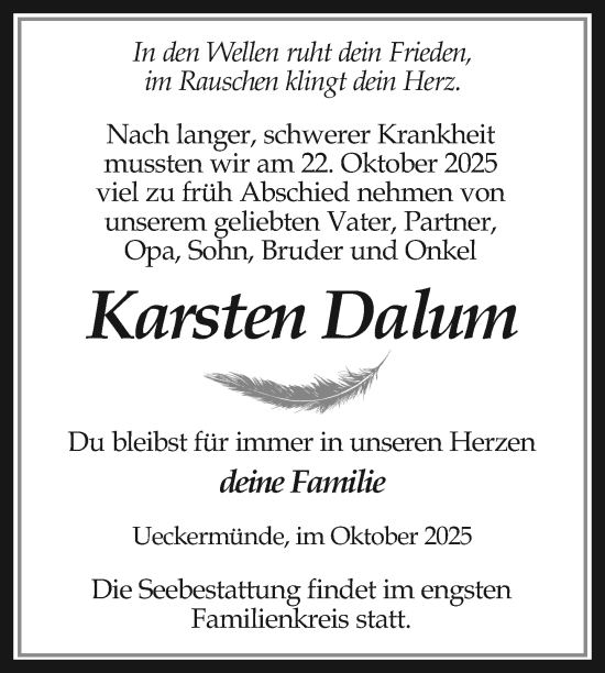 Traueranzeige von Karsten Dalum von Nordkurier Haff-Zeitung