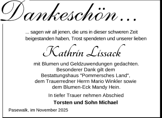 Traueranzeige von Kathrin Lissack von Nordkurier Grosso