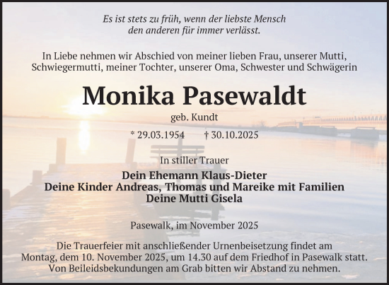 Traueranzeige von Monika Pasewaldt von Nordkurier Grosso