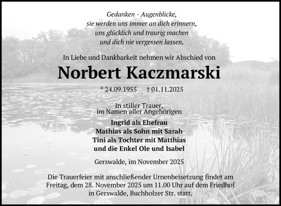 Traueranzeige von Norbert Kaczmarski von Uckermark Kurier Templiner Zeitung