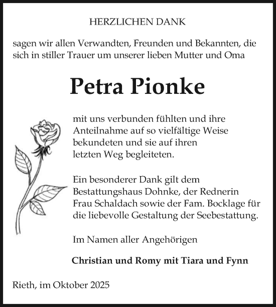 Traueranzeige von Petra Pionke von Nordkurier Haff-Zeitung