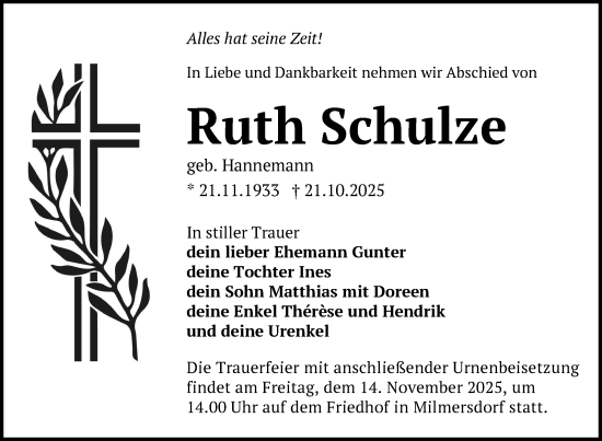 Traueranzeige von Ruth Schulze von Uckermark Kurier Templiner Zeitung
