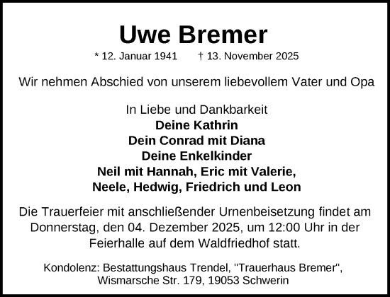 Traueranzeige von Uwe Bremer von Zeitung für die Landeshauptstadt