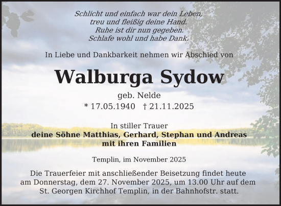 Traueranzeige von Walburga Sydow von Uckermark Kurier Templiner Zeitung