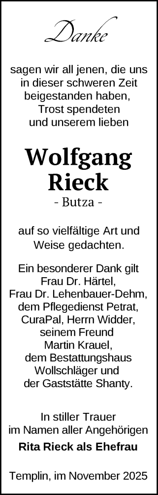 Traueranzeige von Wolfgang Rieck von Uckermark Kurier Templiner Zeitung