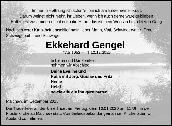 Traueranzeige von Ekkehard Gengel von Nordkurier Müritz-Zeitung