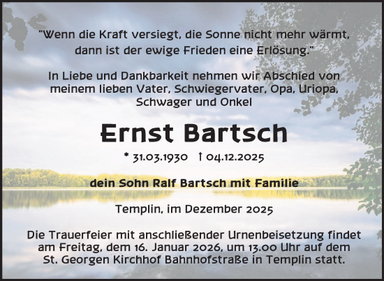 Traueranzeige von Ernst Bartsch von Uckermark Kurier Templiner Zeitung