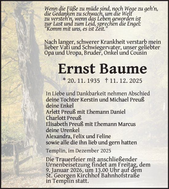 Traueranzeige von Ernst Baume von Uckermark Kurier Prenzlauer Zeitung