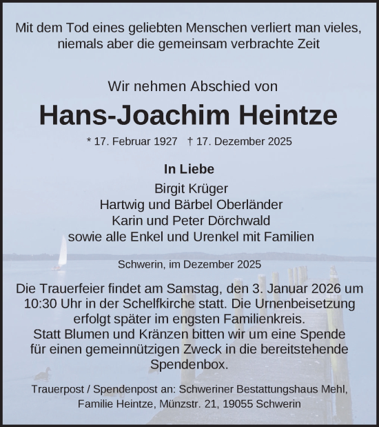 Traueranzeige von Hans-Joachim Heintze von Zeitung für die Landeshauptstadt