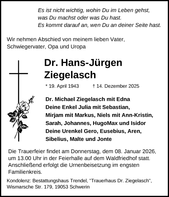 Traueranzeige von Hans-Jürgen Ziegelasch von Zeitung für die Landeshauptstadt