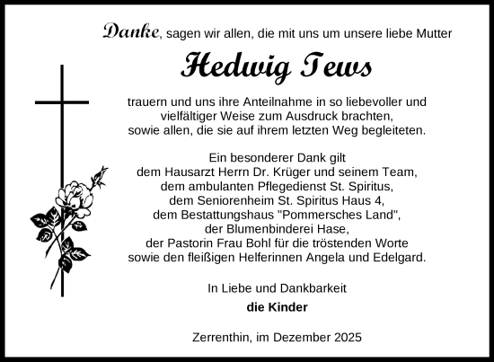 Traueranzeige von Hedwig Tews von Nordkurier Grosso