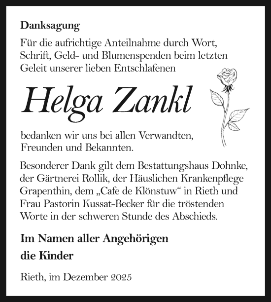 Traueranzeige von Helga Zankl von Nordkurier Haff-Zeitung