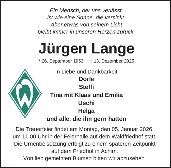 Traueranzeige von Jürgen Lange von Zeitung für die Landeshauptstadt