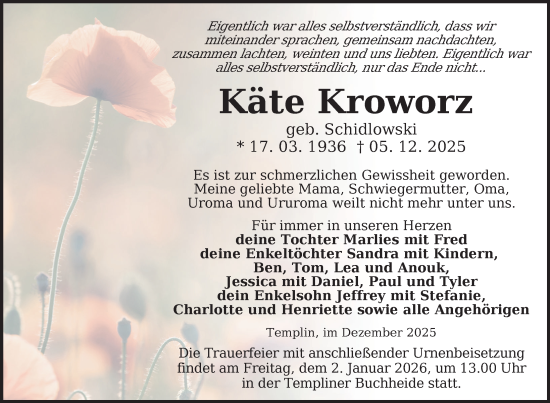 Traueranzeige von Käte Kroworz von Uckermark Kurier Templiner Zeitung