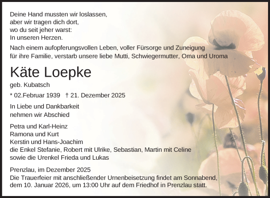 Traueranzeige von Käte Loepke von Uckermark Kurier Prenzlauer Zeitung