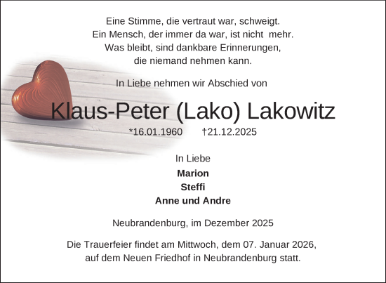 Traueranzeige von Klaus-Peter Lakowitz von Nordkurier Neubrandenburger Zeitung