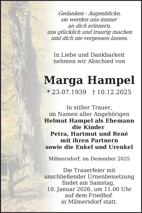 Traueranzeige von Marga Hampel von Uckermark Kurier Templiner Zeitung