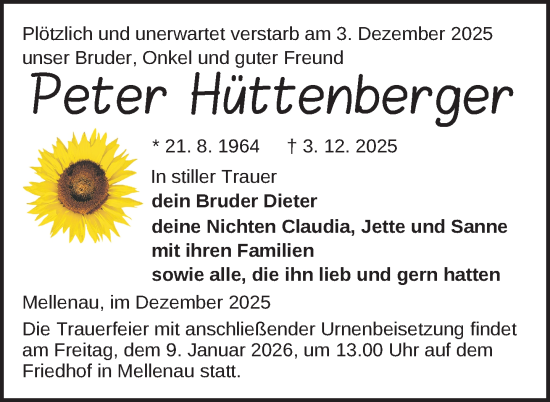 Traueranzeige von Peter Hüttenberger von Uckermark Kurier Templiner Zeitung