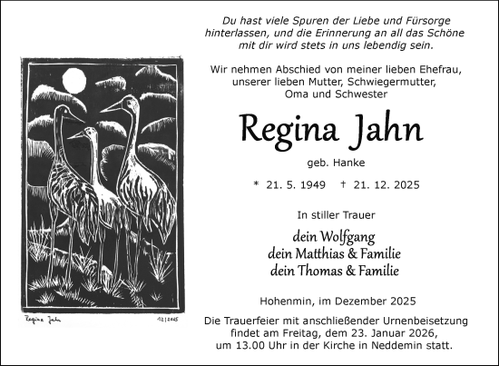 Traueranzeige von Regina Jahn von Nordkurier Neubrandenburger Zeitung
