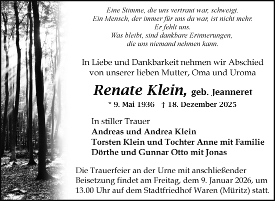 Traueranzeige von Renate Klein von Nordkurier Müritz-Zeitung