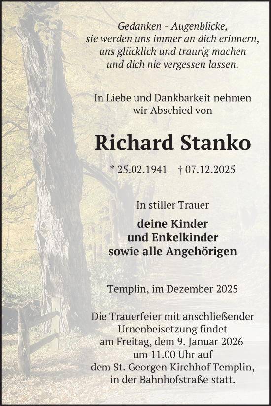 Traueranzeige von Richard Stanko von Uckermark Kurier Templiner Zeitung