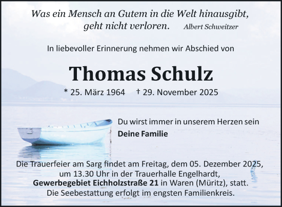 Traueranzeige von Thomas Schulz von Nordkurier Müritz-Zeitung