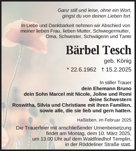 Traueranzeige von Bärbel Tesch von Uckermark Kurier Templiner Zeitung