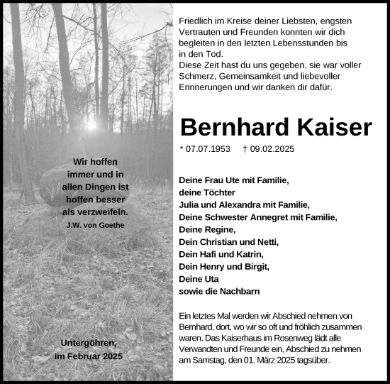 Traueranzeige von Bernhard Kaiser von Nordkurier Müritz-Zeitung