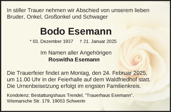 Traueranzeige von Bodo Esemann von Zeitung für die Landeshauptstadt