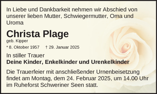 Traueranzeige von Christa Plage von Parchim und Lübz