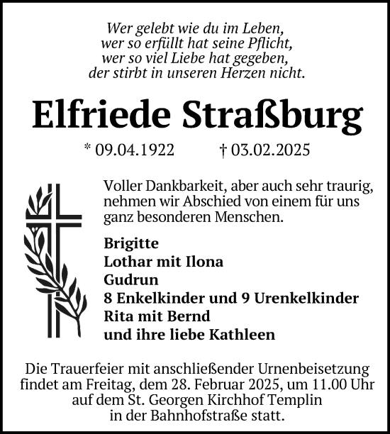 Traueranzeige von Elfriede Straßburg von Uckermark Kurier Templiner Zeitung