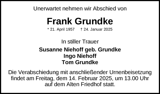 Traueranzeige von Frank Grundke von Zeitung für die Landeshauptstadt