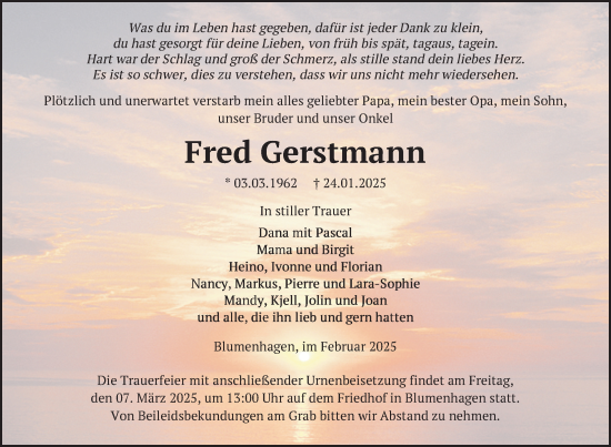 Traueranzeige von Fred Gerstmann von Nordkurier Pasewalker Zeitung