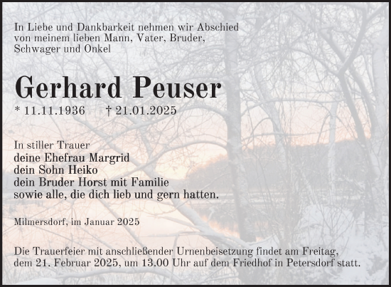 Traueranzeige von Gerhard Peuser von Uckermark Kurier Templiner Zeitung