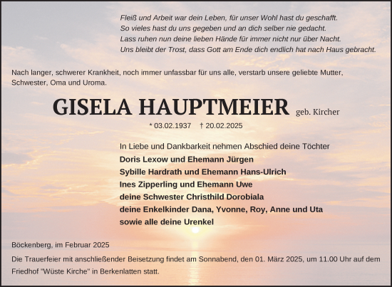 Traueranzeige von Gisela Hauptmeier von Uckermark Kurier Templiner Zeitung