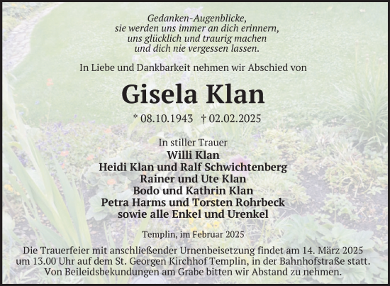 Traueranzeige von Gisela Klan von Uckermark Kurier Templiner Zeitung