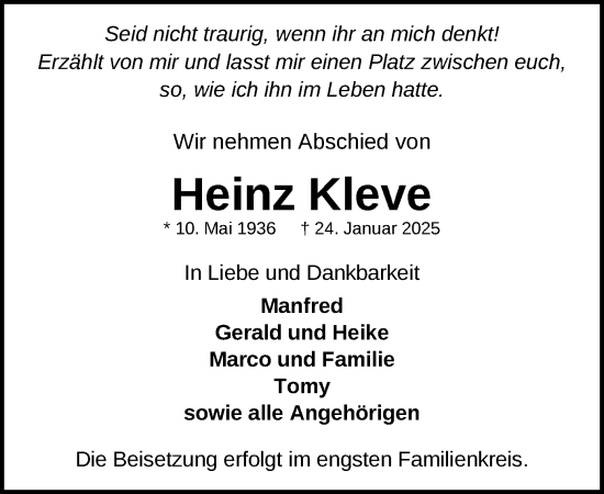 Traueranzeige von Heinz Kleve von Anzeiger für Sternberg - Brüel - Warin