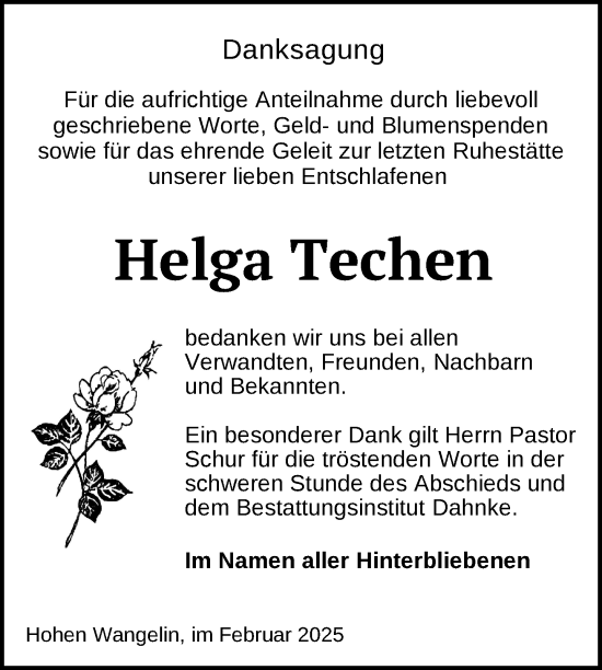 Traueranzeige von Helga Techen von Nordkurier Müritz-Zeitung