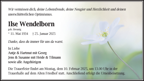 Traueranzeige von Ilse Wendelborn von Zeitung für die Landeshauptstadt