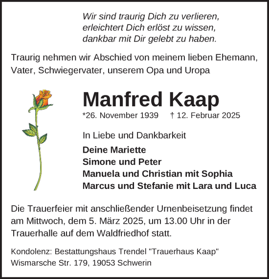 Traueranzeige von Manfred Kaap von Zeitung für die Landeshauptstadt