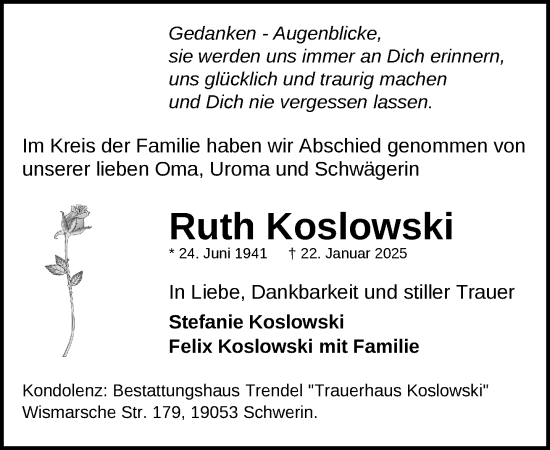 Traueranzeige von Ruth Koslowski von Zeitung für die Landeshauptstadt