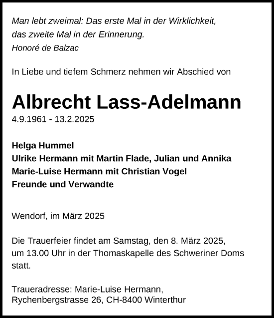 Traueranzeige von Albrecht Lass-Adelmann von Zeitung für die Landeshauptstadt
