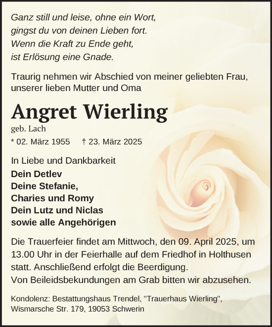 Traueranzeige von Angret Wierling von Zeitung für die Landeshauptstadt