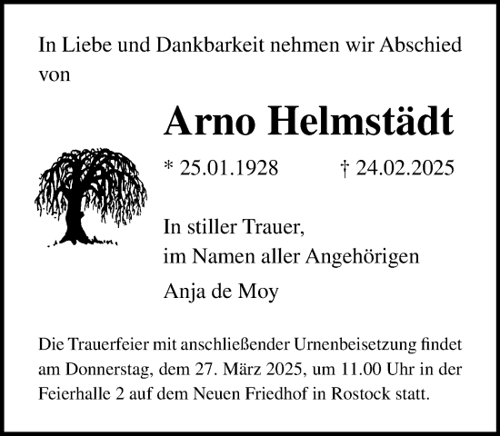 Traueranzeige von Arno Helmstädt von Norddeutsche Neueste Nachrichten