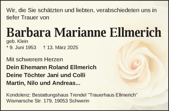 Traueranzeige von Barbara Marianne Ellmerich von Zeitung für die Landeshauptstadt