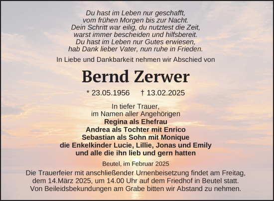 Traueranzeige von Bernd Zerwer von Uckermark Kurier Templiner Zeitung