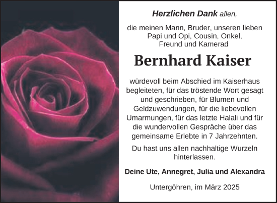 Traueranzeige von Bernhard Kaiser von Nordkurier Müritz-Zeitung