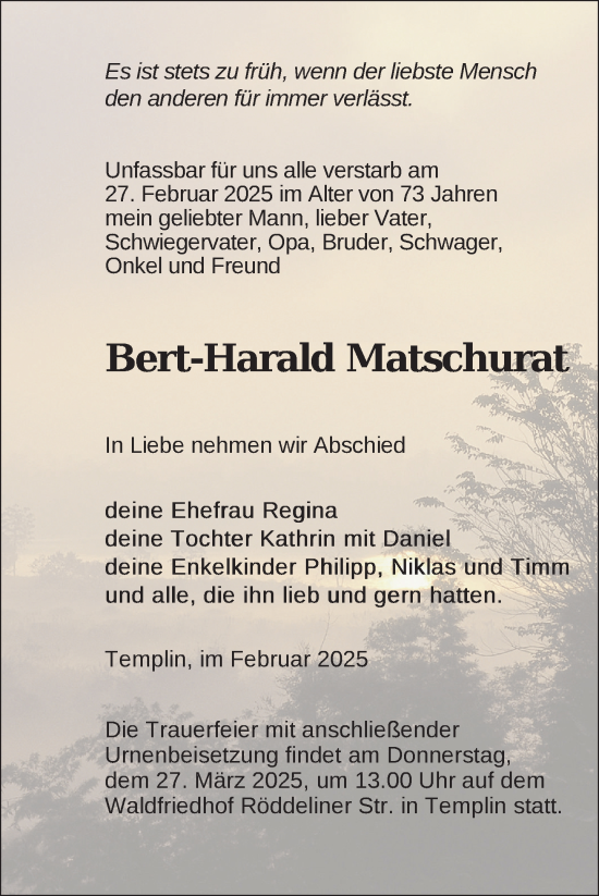 Traueranzeige von Bert-Harald Matschurat von Uckermark Kurier Templiner Zeitung
