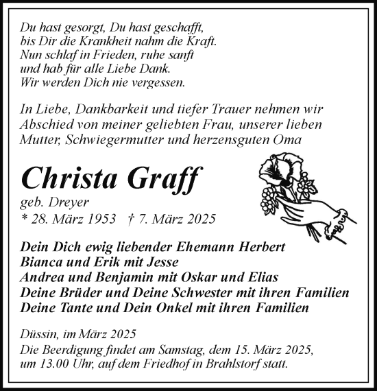 Traueranzeige von Christa Graff von Hagenower Kreisblatt