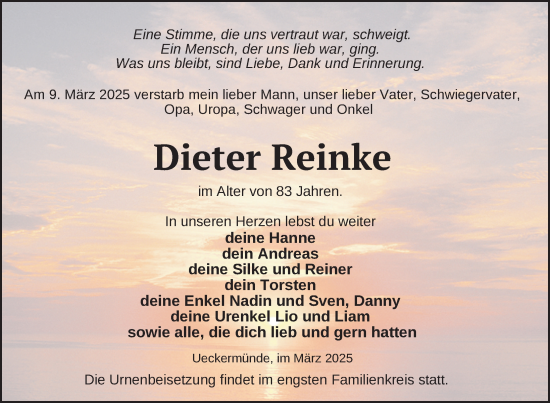 Traueranzeige von Dieter Reinke von Nordkurier Haff-Zeitung